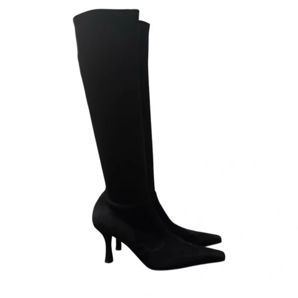 Stuart Weitzman black suede stretch tall pull on square toe heel boot 9.5